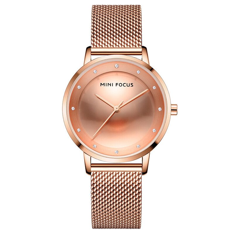 Mote Dameklokke Diamantskive Vanntett Rustfritt Stål Mesh Beltestropp Enkel Lady Quartz Watch