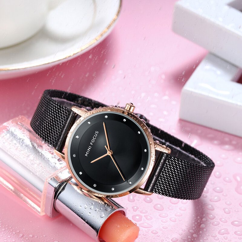 Mote Dameklokke Diamantskive Vanntett Rustfritt Stål Mesh Beltestropp Enkel Lady Quartz Watch