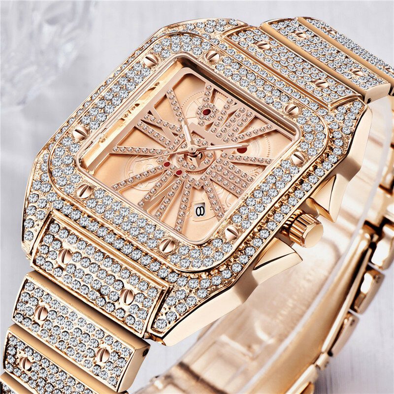 Mote Elegant Alloy Quartz Watch Diamond Cool Herreklokke Firkantet Urskive Form Quartz Watch