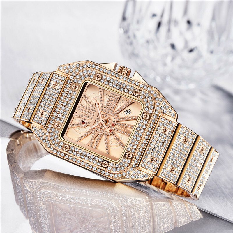 Mote Elegant Alloy Quartz Watch Diamond Cool Herreklokke Firkantet Urskive Form Quartz Watch