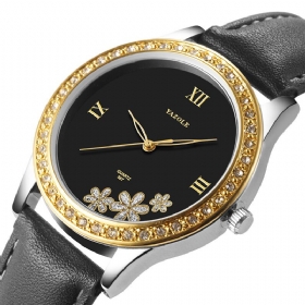 Mote Elegant Blomster Rhinestone Dekorasjonsskive Ekte Skinnrem 3atm Vanntett Kvinnelig Armbåndsur Quartz Watch