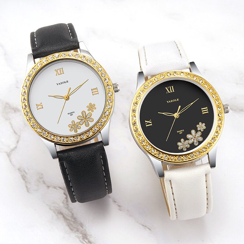 Mote Elegant Blomster Rhinestone Dekorasjonsskive Ekte Skinnrem 3atm Vanntett Kvinnelig Armbåndsur Quartz Watch