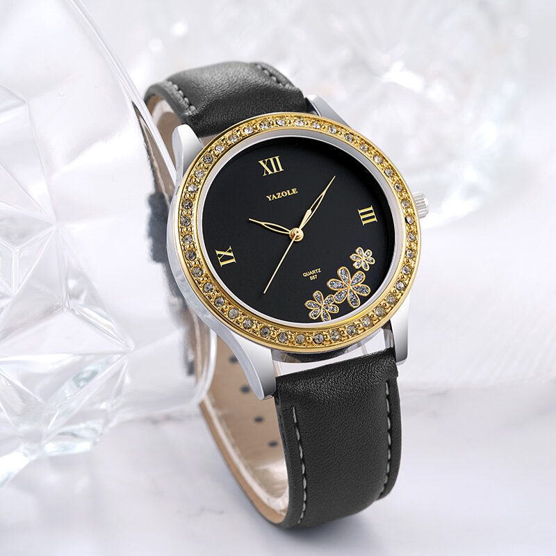 Mote Elegant Blomster Rhinestone Dekorasjonsskive Ekte Skinnrem 3atm Vanntett Kvinnelig Armbåndsur Quartz Watch