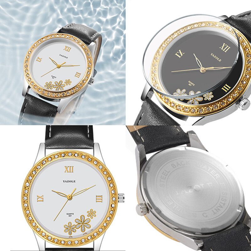 Mote Elegant Blomster Rhinestone Dekorasjonsskive Ekte Skinnrem 3atm Vanntett Kvinnelig Armbåndsur Quartz Watch