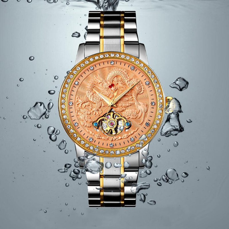 Mote Herre Automatisk Klokke Dragon Diamond Hollow Big Dial Hardlex Glass Vanntett Mekanisk Klokke