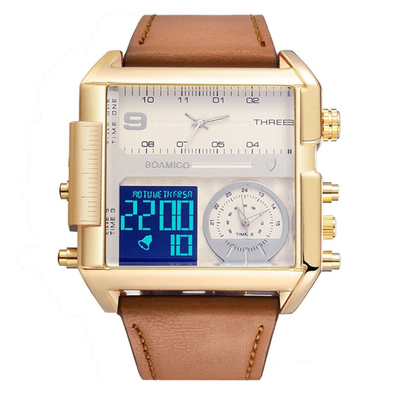 Mote Herre Digital Watch Creative Dial Week Month Display Chronograph 3 Time Zone Lærreim Dual Display Watch