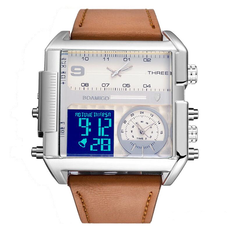 Mote Herre Digital Watch Creative Dial Week Month Display Chronograph 3 Time Zone Lærreim Dual Display Watch