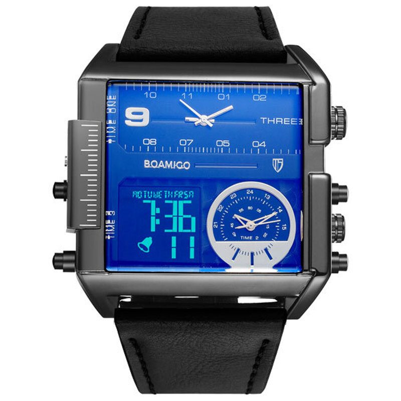 Mote Herre Digital Watch Creative Dial Week Month Display Chronograph 3 Time Zone Lærreim Dual Display Watch