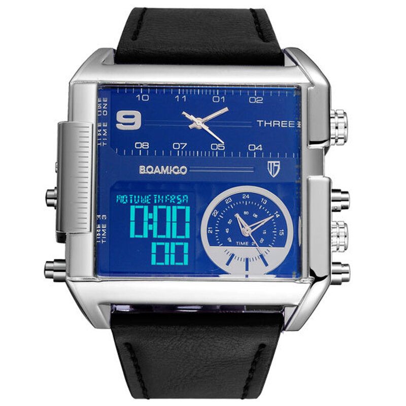 Mote Herre Digital Watch Creative Dial Week Month Display Chronograph 3 Time Zone Lærreim Dual Display Watch