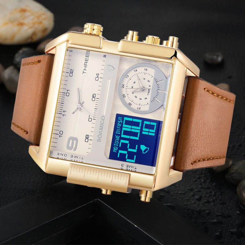 Mote Herre Digital Watch Creative Dial Week Month Display Chronograph 3 Time Zone Lærreim Dual Display Watch