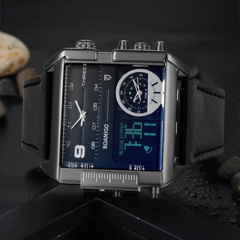 Mote Herre Digital Watch Creative Dial Week Month Display Chronograph 3 Time Zone Lærreim Dual Display Watch