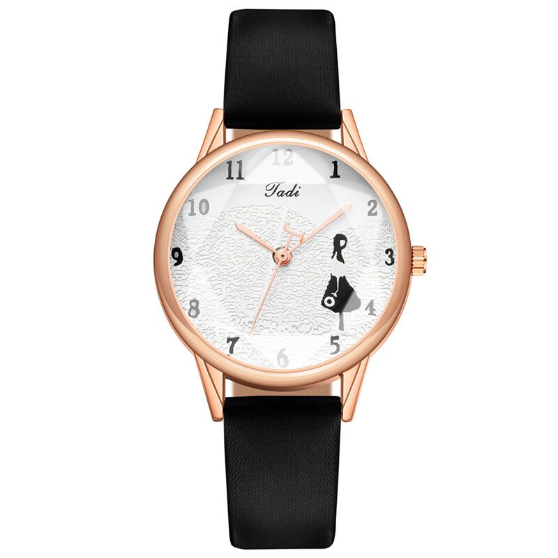 Mote Lærreim Little Girl Mønster Casual Style Dame Klokke Quartz Watch