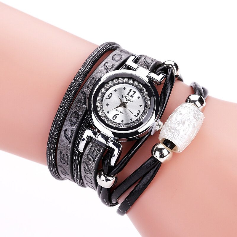 Mote Luksus Rhinestone Pu Skinn Dame Kvarts Klokke Armbånd Klokke