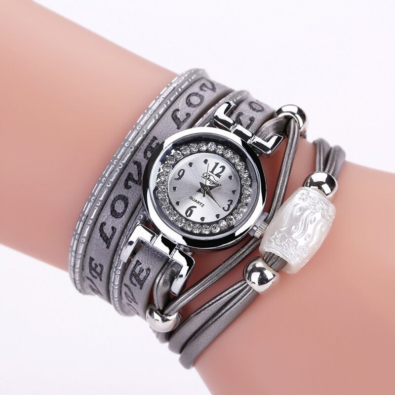 Mote Luksus Rhinestone Pu Skinn Dame Kvarts Klokke Armbånd Klokke