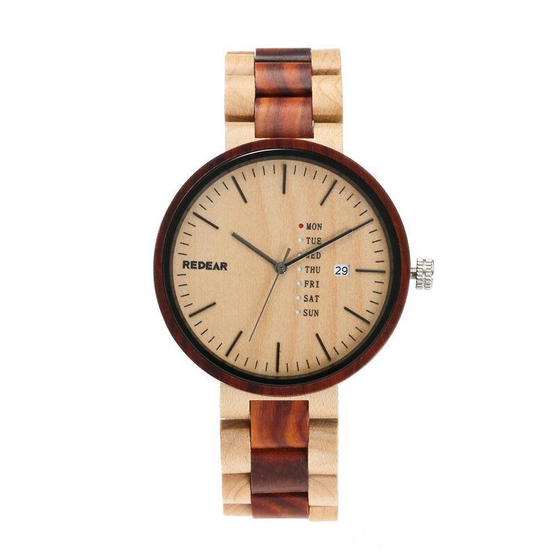 Mote Menn Wooden Watch Dato Week Display Trerem Quartz Watch