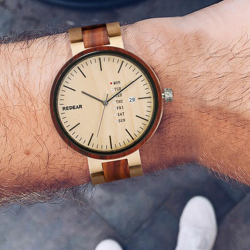 Mote Menn Wooden Watch Dato Week Display Trerem Quartz Watch