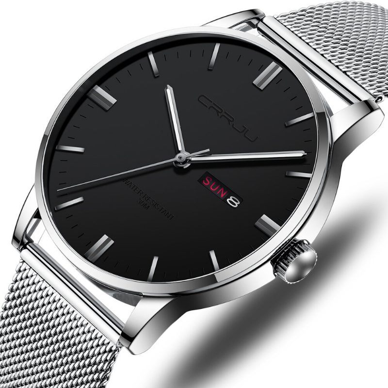 Mote Mesh Stål Dato Uke Lysende Display Uformell Enkel Urskive Herre Quartz Watch