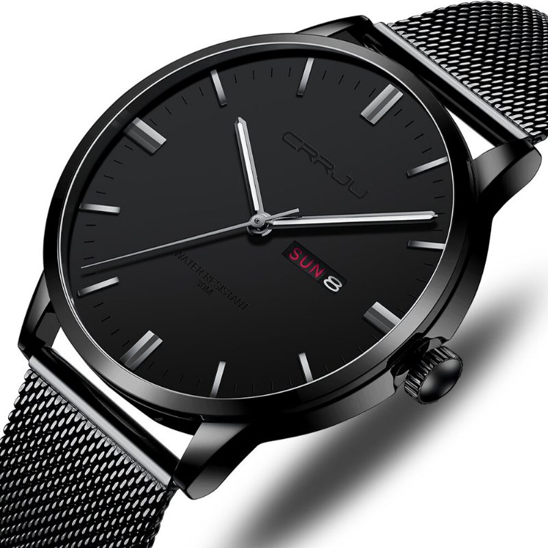 Mote Mesh Stål Dato Uke Lysende Display Uformell Enkel Urskive Herre Quartz Watch