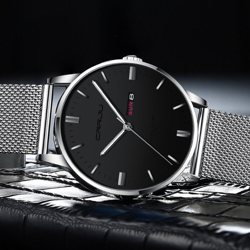 Mote Mesh Stål Dato Uke Lysende Display Uformell Enkel Urskive Herre Quartz Watch