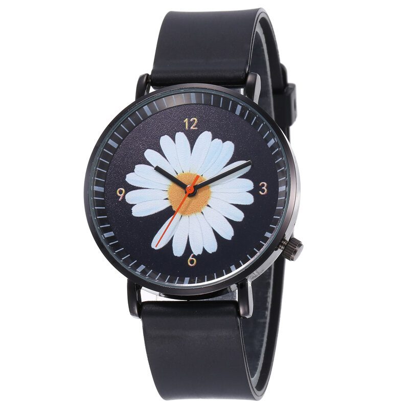 Mote Søte Dameklokker Stor Trehåndsskive Svart Tredimensjonal Little Daisy Quartz Watch