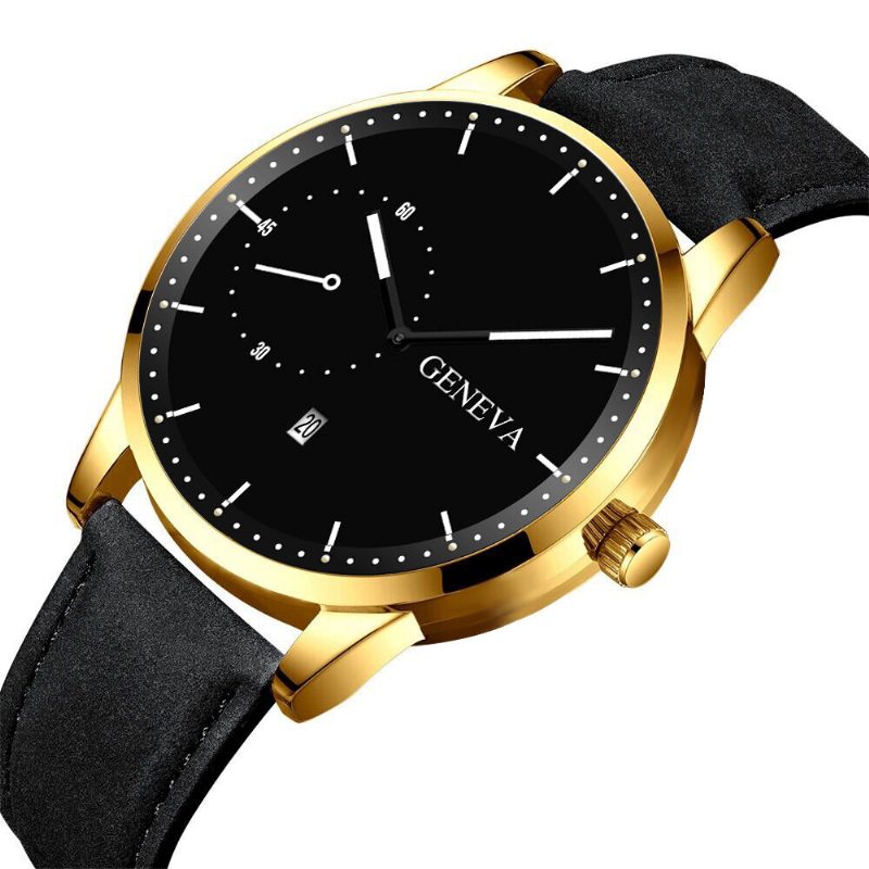 Mote Uformell Med Kalenderskive Pu Leather Band Herre Quartz Watch Armbånd