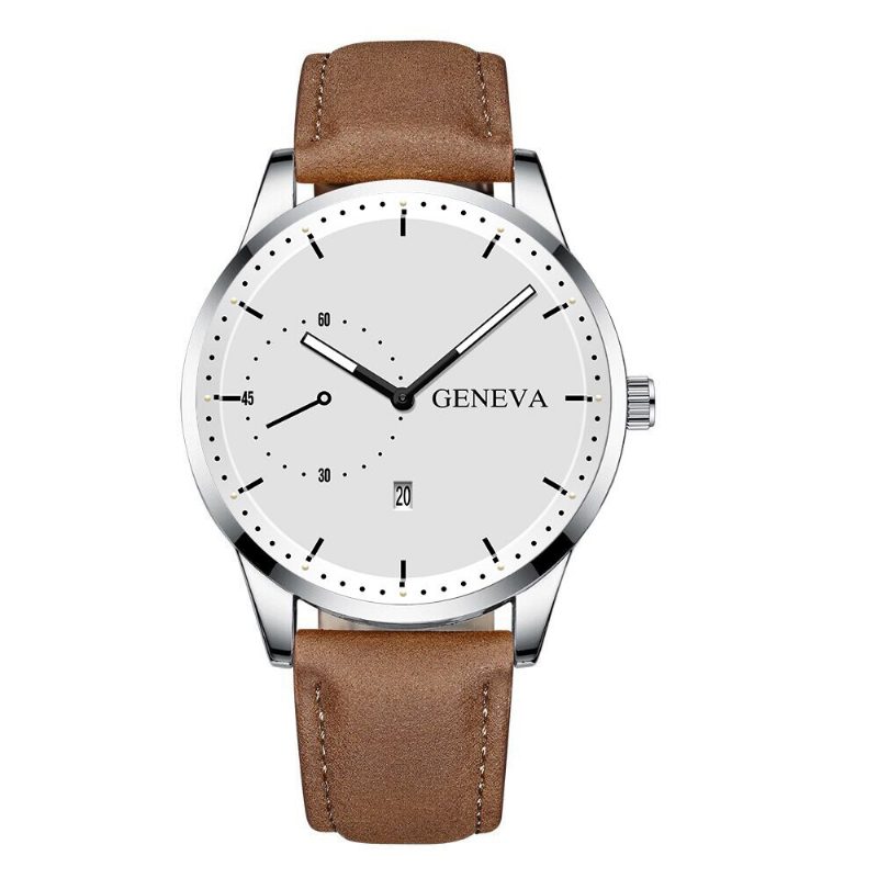 Mote Uformell Med Kalenderskive Pu Leather Band Herre Quartz Watch Armbånd