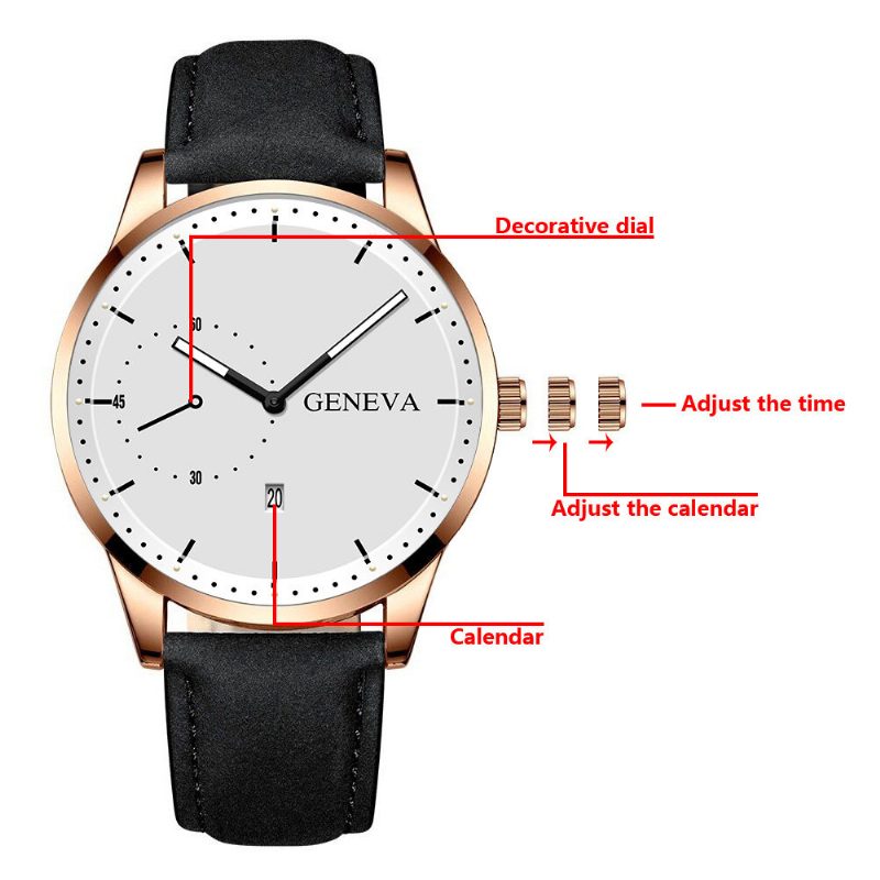 Mote Uformell Med Kalenderskive Pu Leather Band Herre Quartz Watch Armbånd