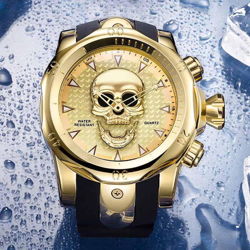 Stor Urskive Herre Business Watch Ghost Head Skull Dial Silikonbånd Vanntett Kvartsklokke