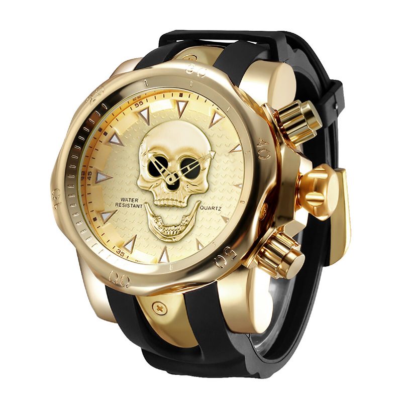 Stor Urskive Herre Business Watch Ghost Head Skull Dial Silikonbånd Vanntett Kvartsklokke