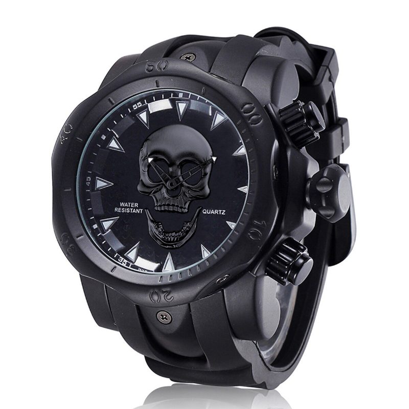 Stor Urskive Herre Business Watch Ghost Head Skull Dial Silikonbånd Vanntett Kvartsklokke