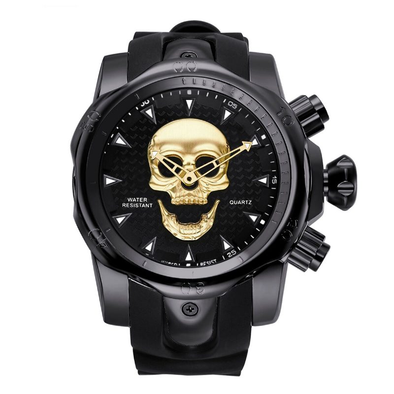 Stor Urskive Herre Business Watch Ghost Head Skull Dial Silikonbånd Vanntett Kvartsklokke