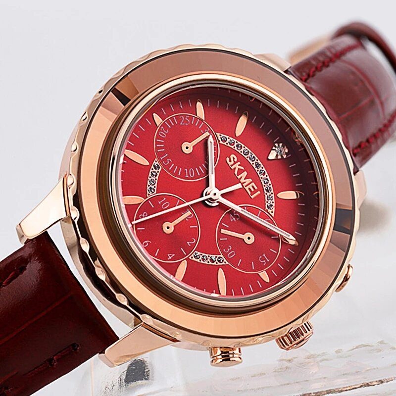 Three Eyes Elegant Design Dame Armbåndsur Ultra Tynn Genuine Leather Band Quartz Watch