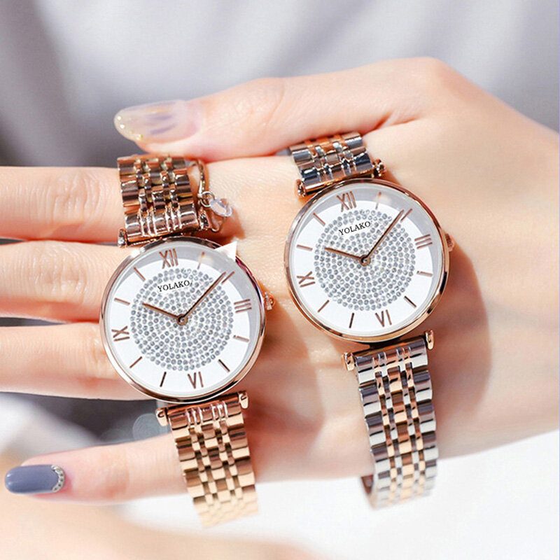 Trendy Elegant Dame Klokker Hellegering Romertall Rhinestones Mount Dial Quartz Klokker