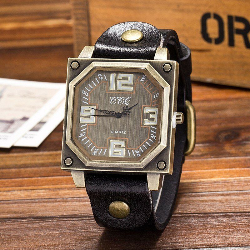 Vintage Casual Square Dial Justerbar Octagon Lærreim Herre Quartz Watch Armbåndsur