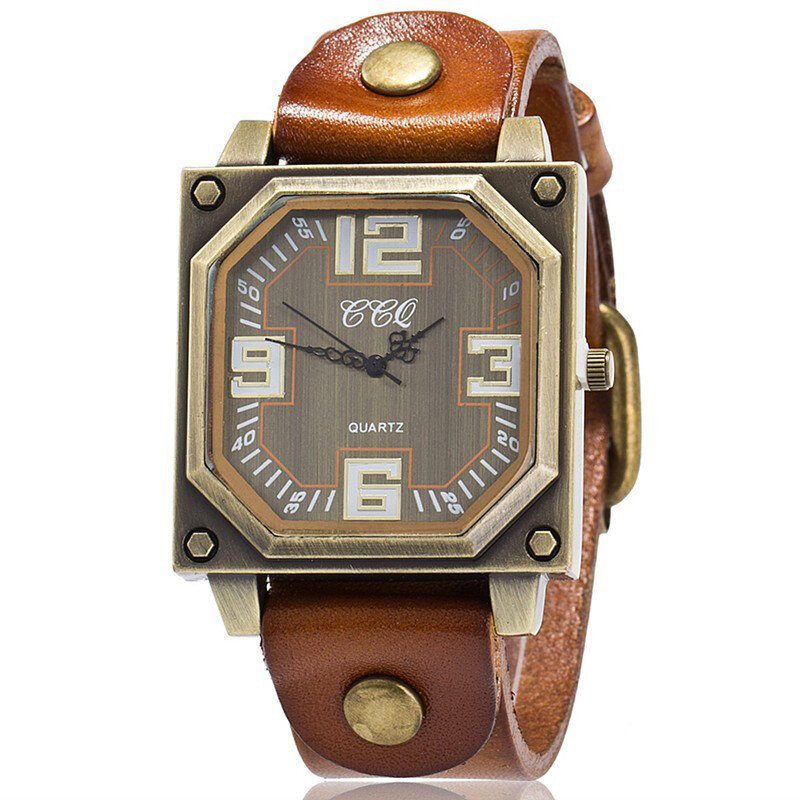 Vintage Casual Square Dial Justerbar Octagon Lærreim Herre Quartz Watch Armbåndsur