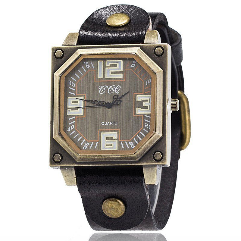 Vintage Casual Square Dial Justerbar Octagon Lærreim Herre Quartz Watch Armbåndsur