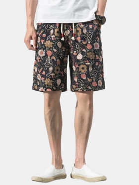 Bomull Herre Floral Print Lomme Snøring Casual Shorts
