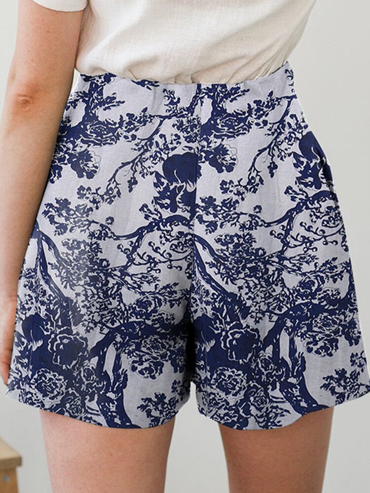 Bomullsplantetrykk Lomme Ruched Casual Shorts