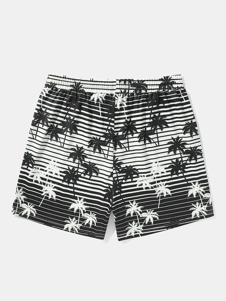 Coconut Tree Striped Print Holiday Loose Shorts Med Snøring For Menn