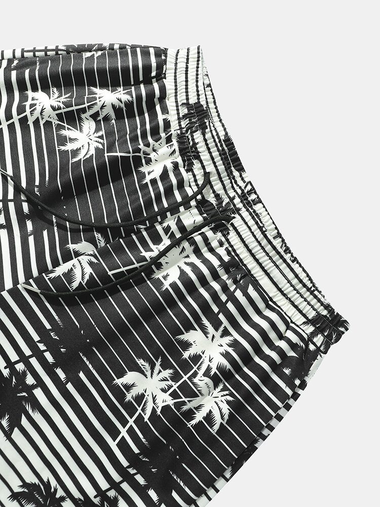 Coconut Tree Striped Print Holiday Loose Shorts Med Snøring For Menn