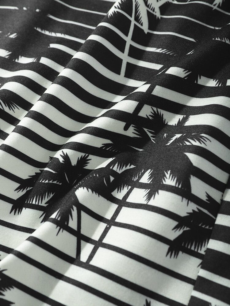 Coconut Tree Striped Print Holiday Loose Shorts Med Snøring For Menn