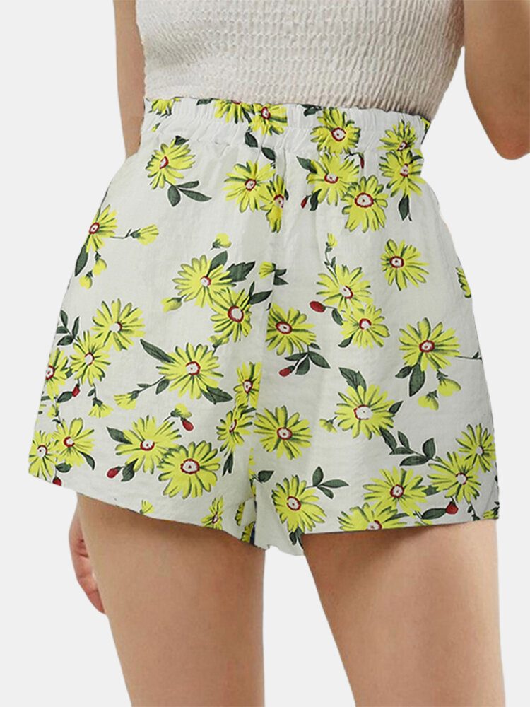 Daisy Print Høy Midje Dame Casual Shorts