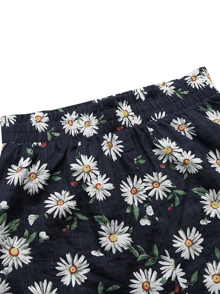 Daisy Print Høy Midje Dame Casual Shorts