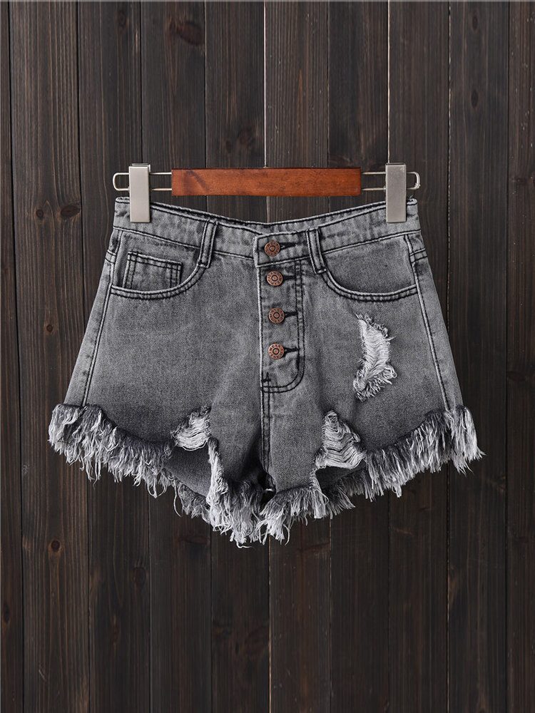 Dame Button Up Pocket Loose Hollow Ripped Denim Shorts