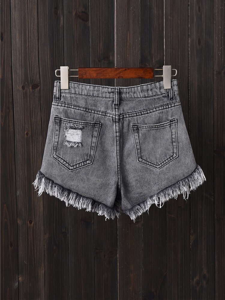 Dame Button Up Pocket Loose Hollow Ripped Denim Shorts