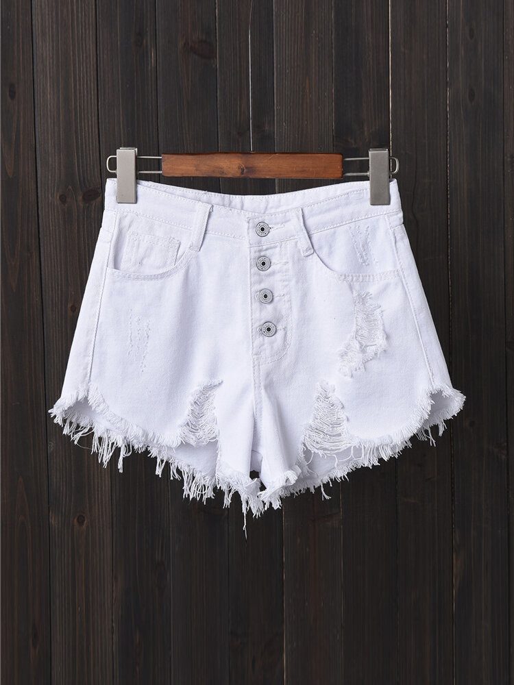 Dame Button Up Pocket Loose Hollow Ripped Denim Shorts