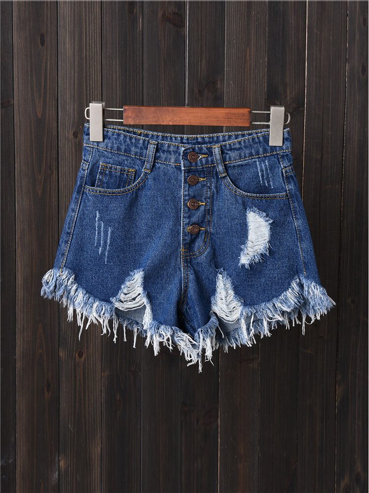 Dame Button Up Pocket Loose Hollow Ripped Denim Shorts