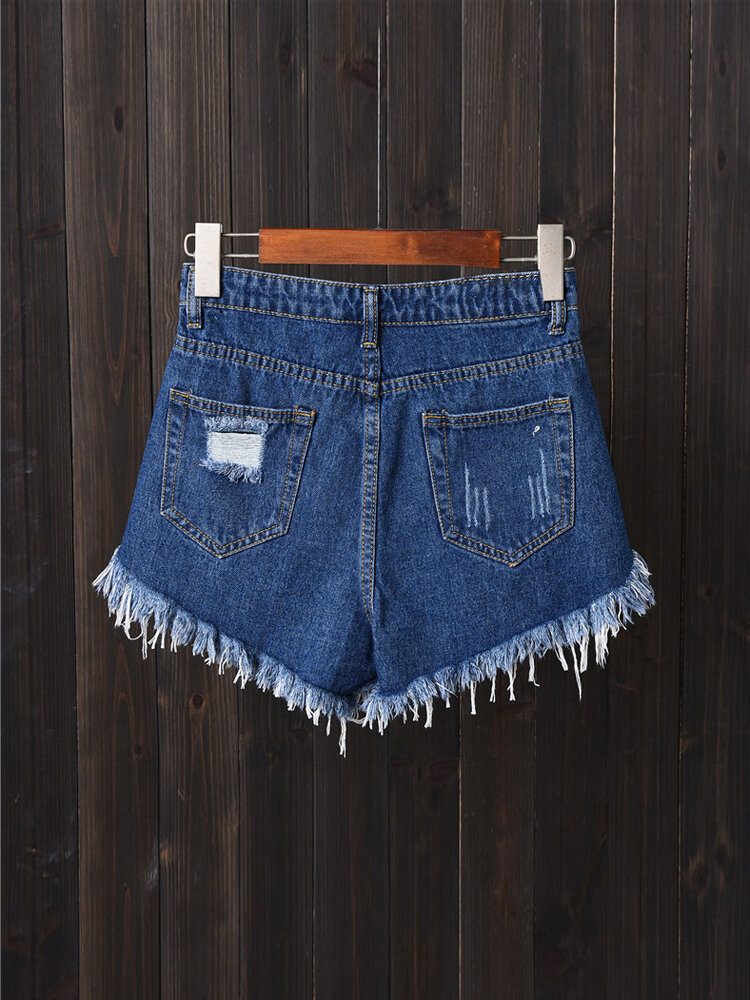 Dame Button Up Pocket Loose Hollow Ripped Denim Shorts