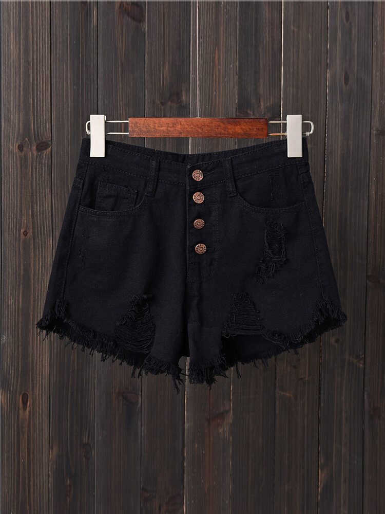 Dame Button Up Pocket Loose Hollow Ripped Denim Shorts