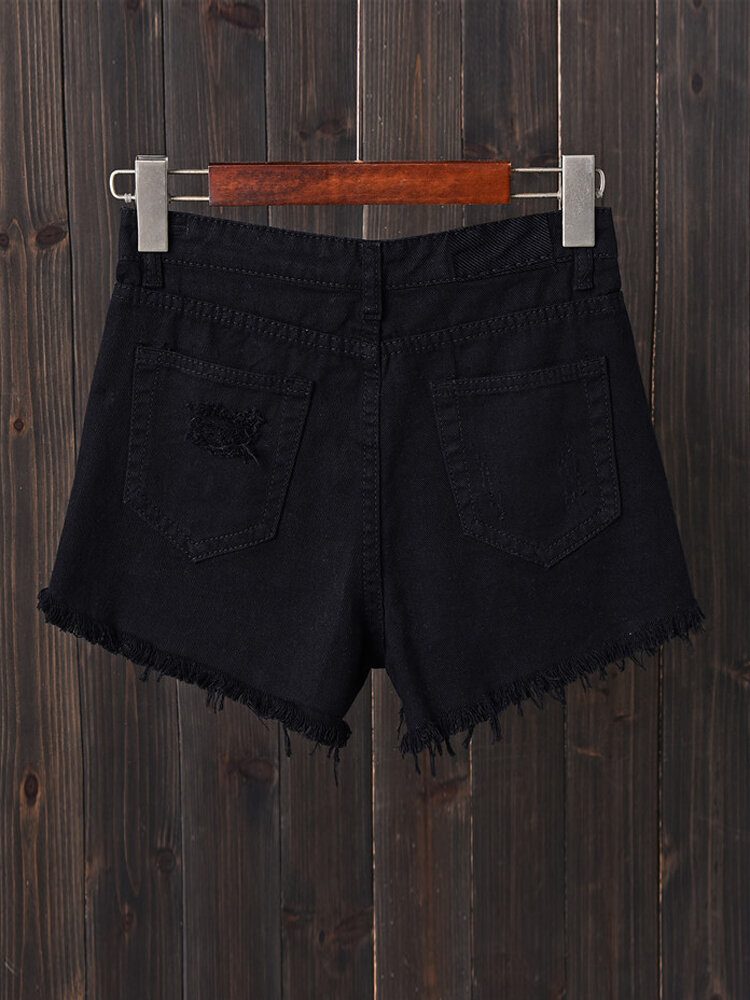 Dame Button Up Pocket Loose Hollow Ripped Denim Shorts